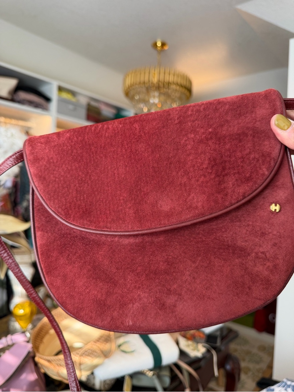 Vintage Halston Burgundy Suede Leather Saddle Crossbody Bag